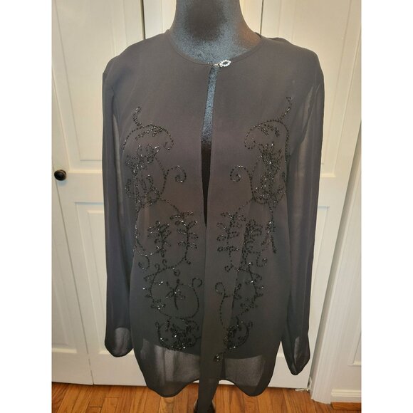 montee Tops - Vintage Sheer Beaded Black Cardigan Rhinestone Clasp Montee 10 Whimsygoth Glam P